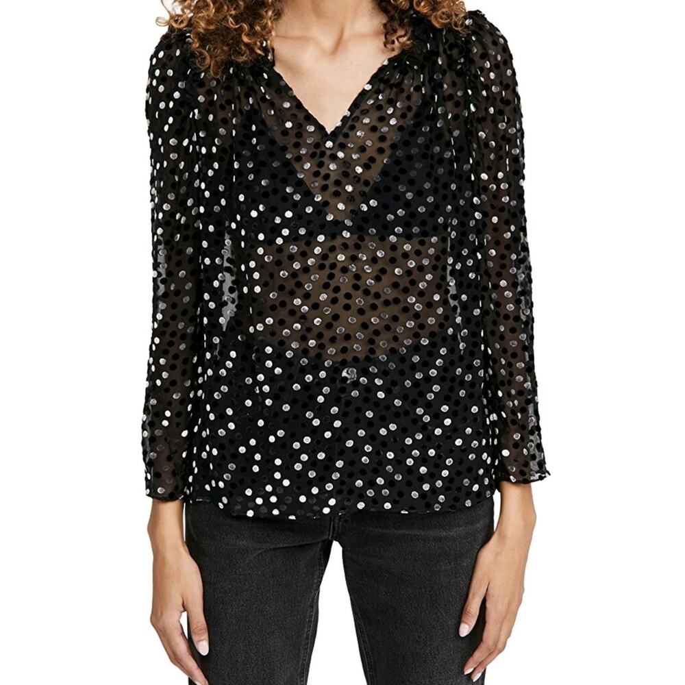 Rebecca Taylor Long Sleeve Velvet Dot Blouse Sz 12 Silk Sheer, Retail $350